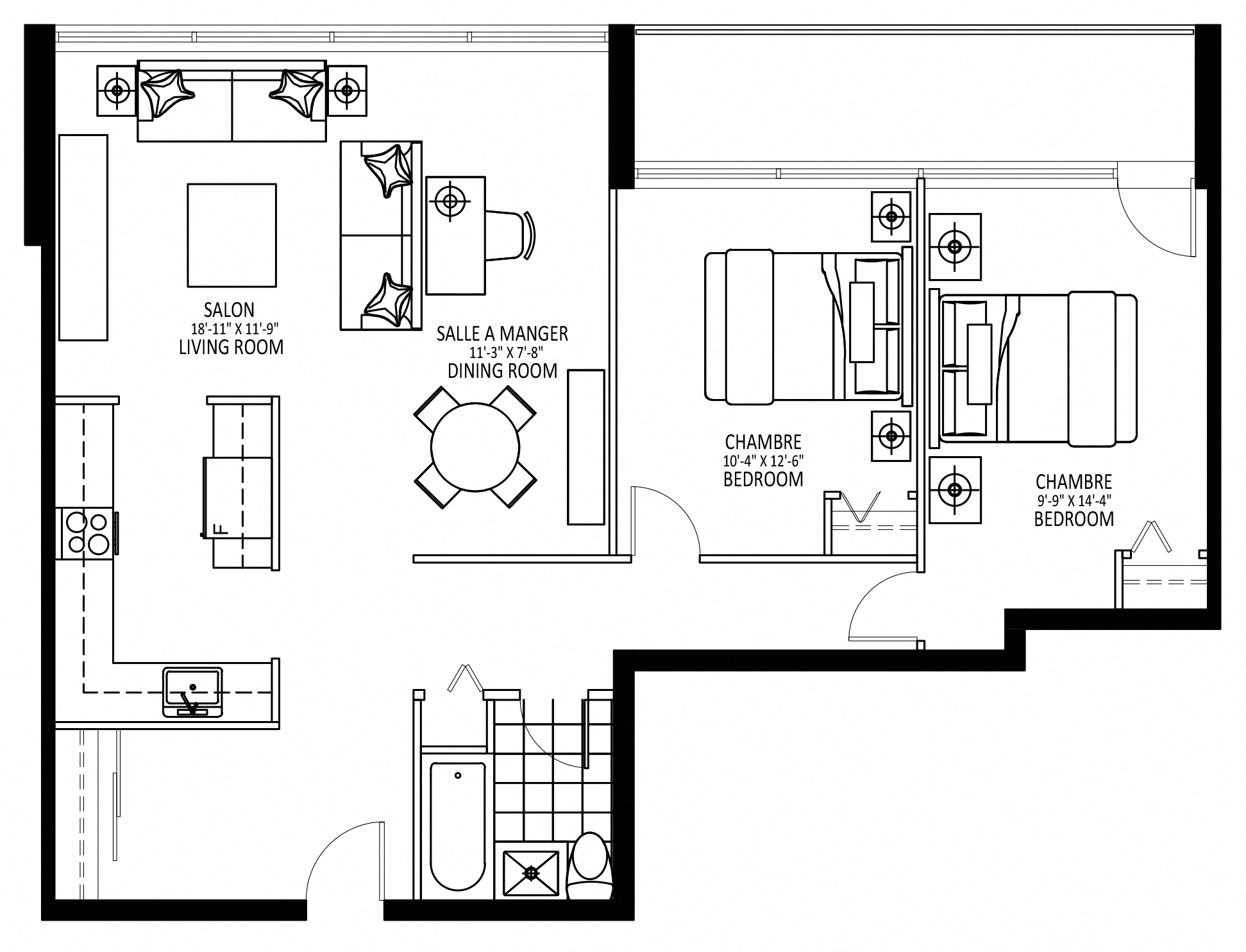 Floor plan for 2 beds, 1 bath, 920 sqft